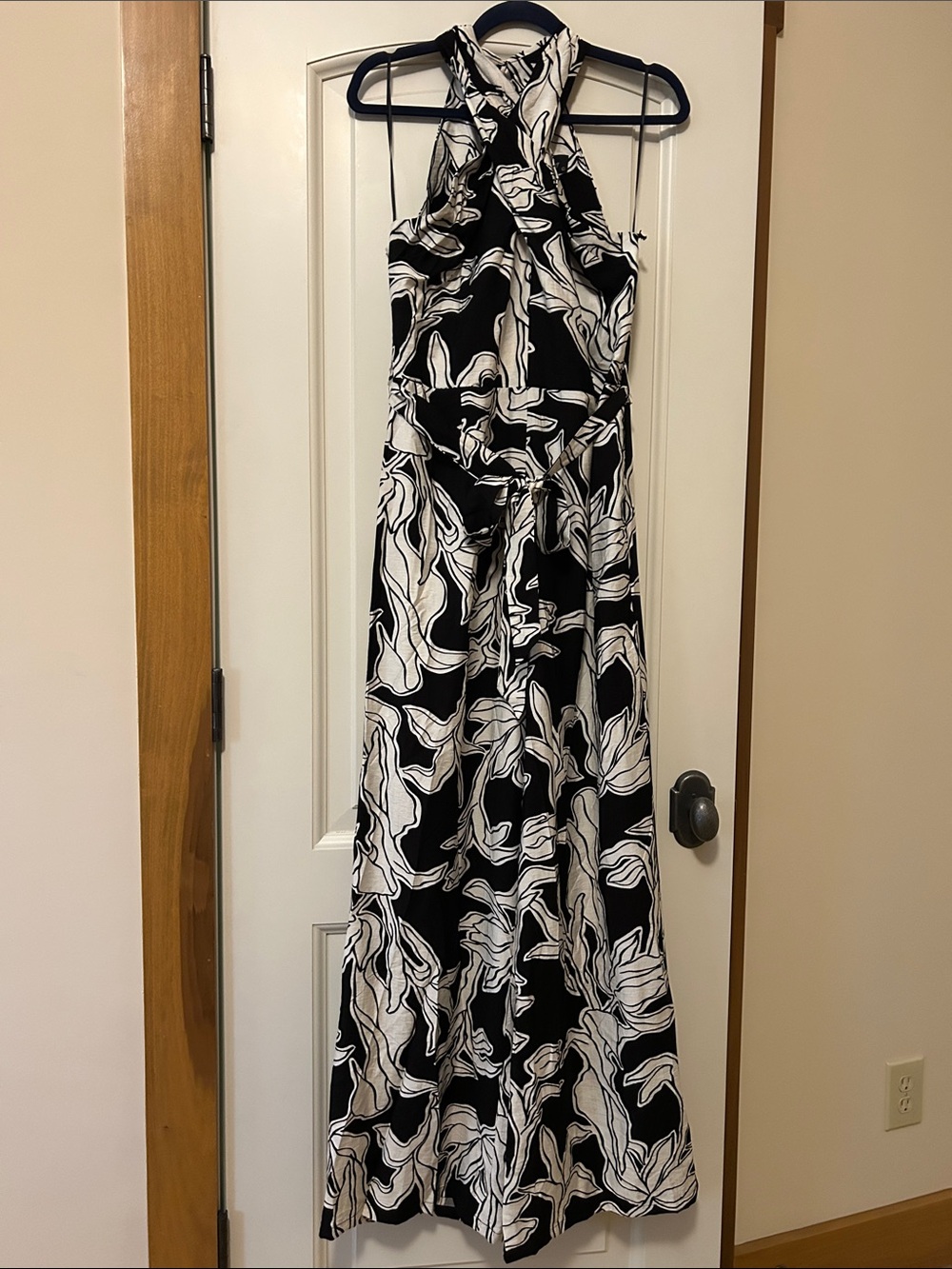 Milk & Honey Black & White Front Cross Halter Floral Jumpsuit with Tie Waist
